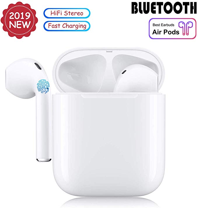 Bluetooth 5.0 Wireless Earbuds with【24 Hrs Wireless Charging Case】 Waterproof TWS Stereo Headphones in-Ear Built-in Mic Headset Premium Sound with Deep Bass for Sport Samsung Airpods Apple Earbuds