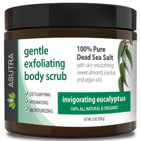 Best ORGANIC Exfoliating Body Scrub - "INVIGORATING EUCALYPTUS" - 100% Pure Dead Sea Salt Scrub / Ultra Hydrating & Moisturizing with SKIN SMOOTHING Jojoba, Sweet Almond & Argan Oils - 12oz