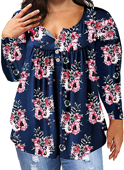 Women's Plus Size Long Sleeve Henley Tunic V Neck Casual Printed Buttons Up Pleated Loose Shirt Tops L-5XL