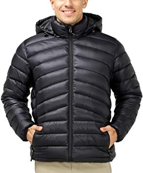 MIER Men's Packable Hooded Puffer Jacket Lightweight Insulated Outerwear Coat, Windproof and Water Resistant, YKK Zip, Black