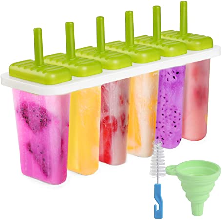 Kootek Upgrade Popsicle Molds Sets 6 Ice Pop Makers Reusable Ice Lolly Cream Mold Home-made Popsicles Mould Tray with Stick, Silicone Funnel, Cleaning Brush (Green)