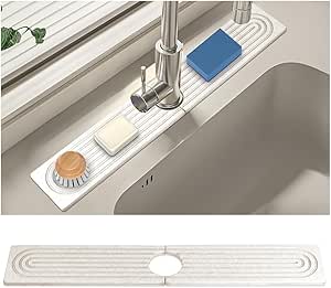 Faucet Mat for Kitchen Sink, Long Size Diatomite Fast Drying Stone Sink Tray, Super Absorbent, Prevents Moisture Buildup, Faucet Splash Guard for Bathroom Counter (White, 23.6*3.9Inch)