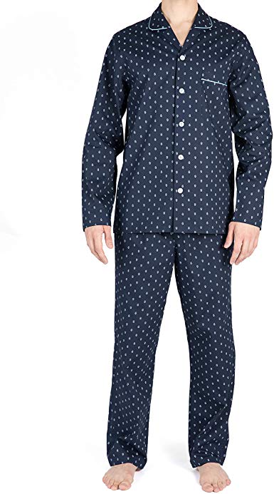 Savile Row Men's Pyjama Set - 100% Cotton Soft Long Sleeve Top & Bottom Pants