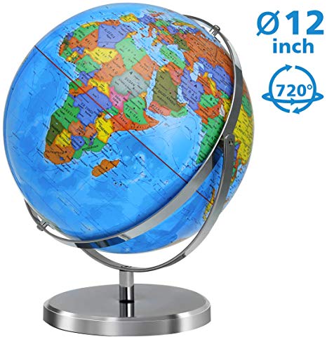 World Globe 12 Inch Diameter Globe for Kids 720° Rotation with Steel Stand Over 4000 Locations, KingSo Adult Desktop Geographic Globes Educational Gift Toys Perfect Decoration for Home Office