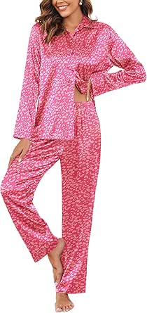 Ekouaer Classic Satin Pajamas for Women Long Sleeve Button Down Sleepwear Soft Silk Loungewear Pjs Set S-XXL