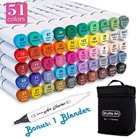 Shuttle Art 50 Colors Dual Tip Art Markers,Permanent Marker Pens Highlighters with Case Perfect for Illustration Adult Coloring Sketching and Card Making