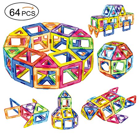 Magnetic Building Blocks | 64 Pieces | Let Your Kid Learn Colors and Shapes through Play | Instruction Booklet and Storage Bag Included | Creative and Educational Gift for Kids