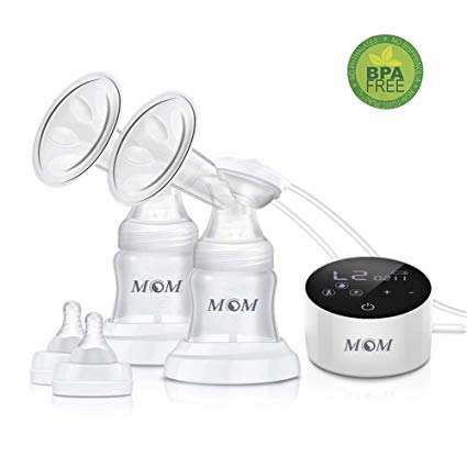 Electric Breast Pump, MOM&BB Rechargeable Double Portable Breast Pump with LCD Screen, 4 Modes, 9 Adjustable Suction & Pumping Levels, for Nursing Breast Massage Breastfeeding