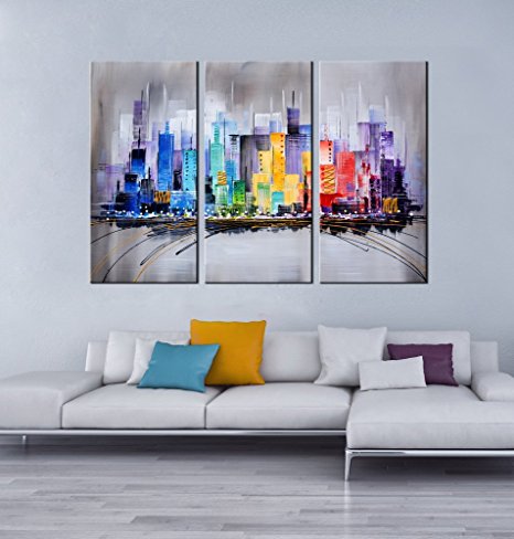 ARTLAND Modern 100% Hand Painted Framed Wall Art "Colorful City" 3-Piece Gallery-Wrapped Abstract Oil Painting on Canvas Ready to Hang for Living Room for Wall Decor Home Decoration 24x36inches