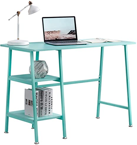 VECELO Computer Storage Workstation Study Desk Writing Table with 2 Tier Shelves for Office and Home, Blue