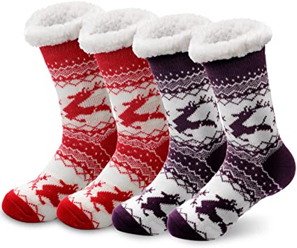 SEVENS 2 Pairs Women's Socks Winter Super Soft Cozy Fuzzy Christmas Gift Slipper Socks With Grippers