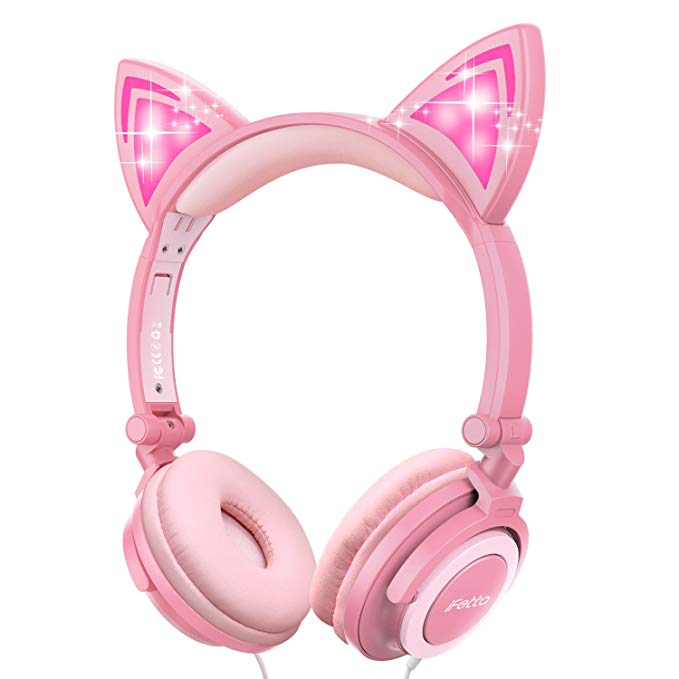 Sunvito Cat Ear Headphones,Cute Kids Headsets with LED Flash Wired Mode, Over Ear Foldable Kids Earphones for Girls Boys Cosplay Ipad Tablet (Pink)