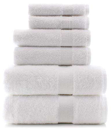 Premium Turkish Cotton Wide Lined Border Eco-Friendly and Long Stable Towel Set of 6 (White)