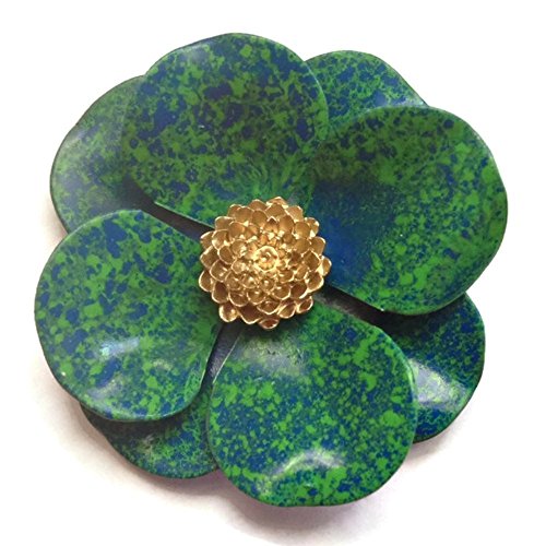 Enamel Flower Brooch in Blue Green with Goldtone Accent