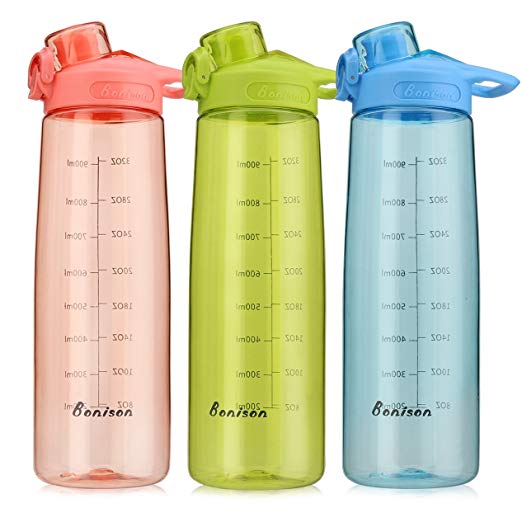 Bonison Wide Mouth Sports Water Bottle Flip Top Lid With Handle, Leak Proof, Bpa Free, Various Capacity. Perfect for Travel Yoga Running Outdoor Cycling Hiking Or Camping