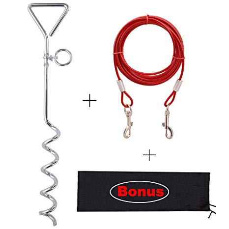 Dog Tie Out Cable and Stake 32 ft Outdoor, Yard and Camping, for Medium to Large Dogs Up to 125 lbs, 16" Stake, 32 ft Cable with Durable Spring and Metal Hooks for Outdoor