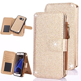 Galaxy S7 Case, CaseUp 12 Card Slot Series - [Zipper Cash Storage] Premium Flip PU Leather Wallet Case Cover With Detachable Magnetic Hard Case For Samsung Galaxy S7, Glitter Gold