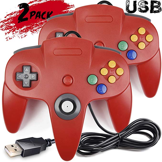 2 Pack iNNEXT Classic Retro N64 Bit USB Wired Controller for Windows PC MAC Linux Raspberry Pi 3 (Red)