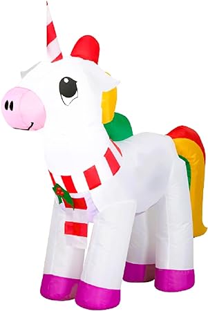Adorable Christmas Unicorn w/ Candy Cane Stripe Horn & Rainbow Mane & Tail Christmas Inflatable by Gemmy