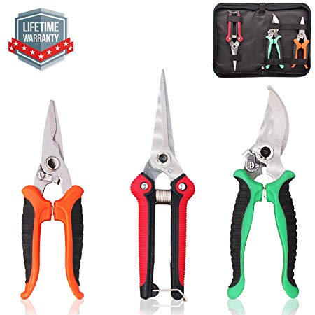 Steel Pruning Shears, Professional Gardening Shears, 3 Pcs Usefull Garden Trimming Scissor Set with Sharp and Durable Blades, Comfortable Handle, Safety Lock, Include a Storage Bag