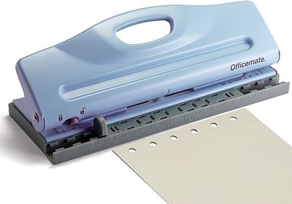 Officemate Adjustable 6-Hole Punch for Planners and Binders, 8 Sheet Capacity, Blue (90163)