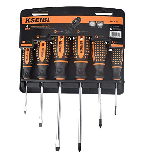 KSEIBI 153635 Slotted and Phillips Screwdriver Set with Storage Rack 6 Piece Organized Screwdriver Kit