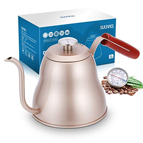 SULIVES Pour Over Coffee Kettle- 1.2L/40oz Stainless Steel with Built-in Thermometer- Gooseneck Spout for a Precision Pour with Wooden Handle (1.2L/40oz)