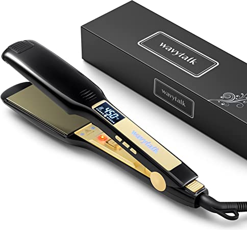 Wavytalk Titanium Hair Straightener 1.75 Inch Professional Flat Iron with Wide Plates for Long & Thick Hair with Digital LCD Display Dual Voltage Instant Heating Black