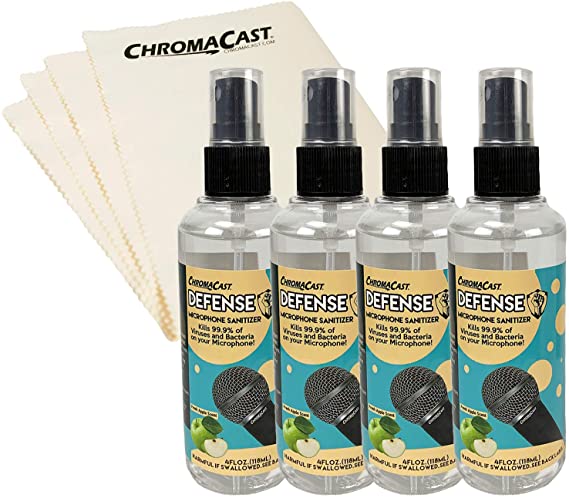 ChromaCast Defense Microphone & Headphone Sanitizer Spray & Cleaner, 4oz Fresh Apple Scent, 4 Pack with Cleaning Cloth, (CC-MSSPRAY-4oz-KIT-2)