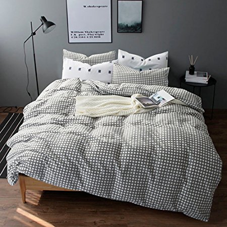 Vougemarket100% Cotton 3pc Duvet Cover set(Queen,King),1 Duvet Cover matching 2 Pillow Shams,Geometric pattern style grey grid plaid,No Filling-Full/Queen,Style 2