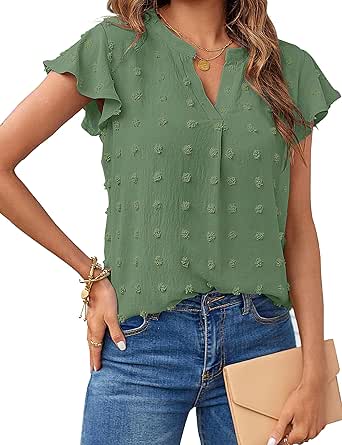 MEROKEETY Women 2024 Summer V Neck Ruffle Short Sleeve Blouse Swiss Dot Flowy Shirt Tunic Top