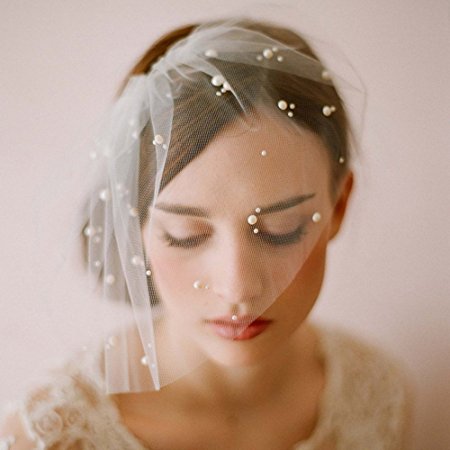 Elegant Ivory Short Tulle Birdcage with Comb Accessories Bridal Pearl Wedding Veil Headwear for Bride