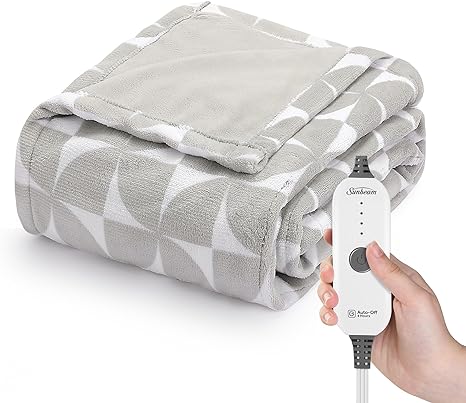 Sunbeam Royal Luxe Microplush Heated Throw Electric Blanket, 50" x 60", 4-Hour Auto Shut-Off,Fast Heating, Machine Washable, Warm and Cozy, Grey Geometric