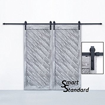 SMARTSTANDARD 10ft Double Door Sliding Barn Door Hardware (Black) (J Shape Hangers) (2 x5.0 foot Rail)