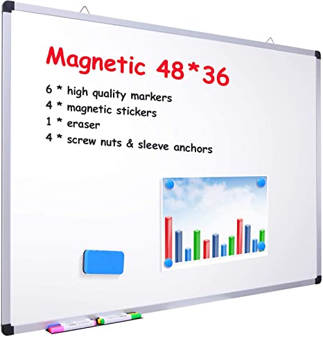 48x36 Inch Magnetic Dry Erase Board, Ohuhu Large Whiteboard / White Board with 6 Color Dry Erase Markers, 4 x Magnetic Stickers, 1 x Eraser, 4 x Screw Nuts & Sleeve Anchors, Aluminum Frame, Whiteboard for Office Use,Classroom Teaching Supplies, Back to School Gift for Kids, Students, Silver