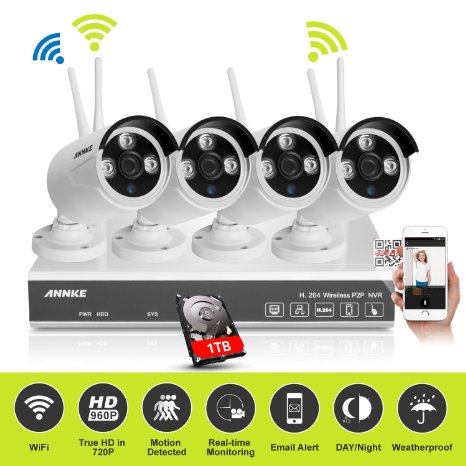 Annke 4 Channel Wireless 720P Network Security System & 1TB Hard Drive with 4HD 1280*720 Outdoor IP Camera (Built-in WIFI Module, 1.0MP High Resolution, Superior Night vision)