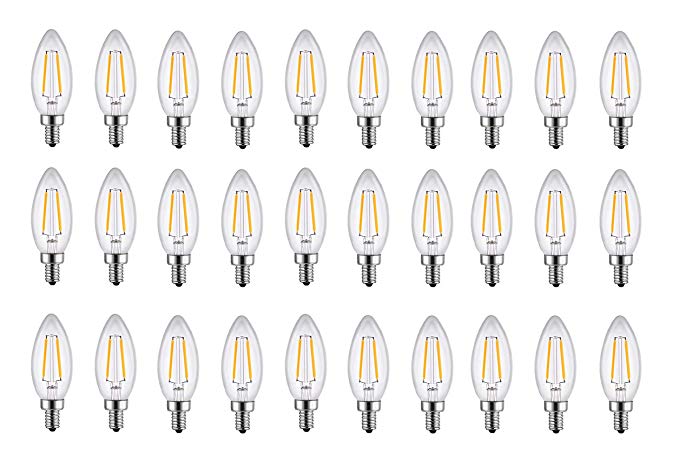 Luxon clear glass edison C33 torpedo bullet shape LED light bulb for Vintage Antique Chandelier and Candelabra 2W 2700K E12 base 150 lm Warm White Energy Saving (Pack of 30)