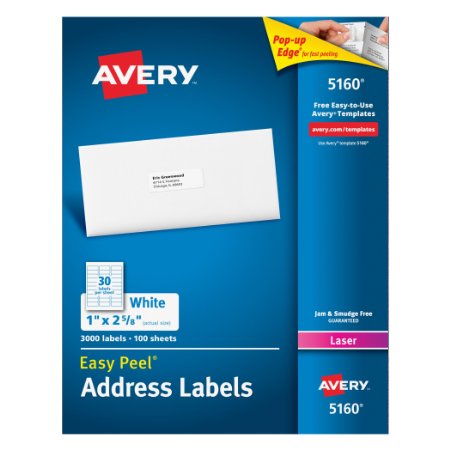 Avery Easy Peel White Mailing Labels for Laser Printers, 1 x 2.62 Inch, Box of 3000 Labels (5160)