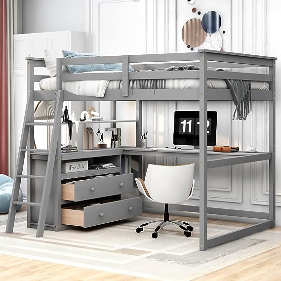 SOFTSEA Full Size Loft Bed with Desk and Shelves, Wood Loft Bed with Storage Drawers for Kids Teens Adults, No Box Spring Needed, Gray