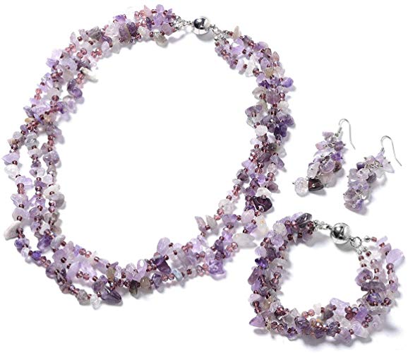 Shop LC Delivering Joy Handmade Multi Strand Beaded Silvertone Bracelet 8", Earrings, Necklace 20" Jewelry Gift for Women (Coral, Amethyst, Garnet)