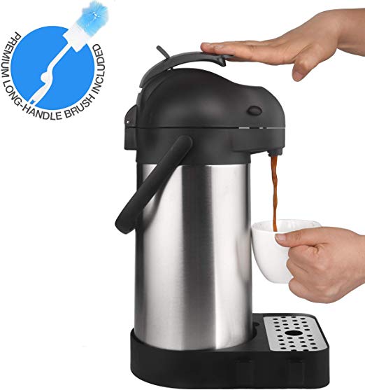 Cresimo 74 Ounce (2.2 Liter) Airpot Thermal Coffee Carafe/Lever Action/Stainless Steel Insulated Thermos / 12 Hour Heat Retention / 24 Hour Cold Retention (Airpot with Drip Tray)