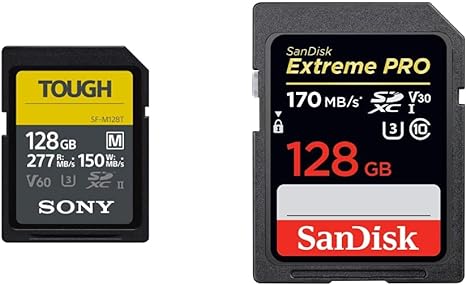 Sony Tough-M Series SDXC UHS-II Card 128GB, V60, CL10, U3, Max R277MB/S, W150MB/S (SF-M128T/T1) & SanDisk 128GB Extreme PRO SDXC UHS-I Card - C10, U3, V30, 4K UHD, SD Card - SDSDXXY-128G-GN4IN