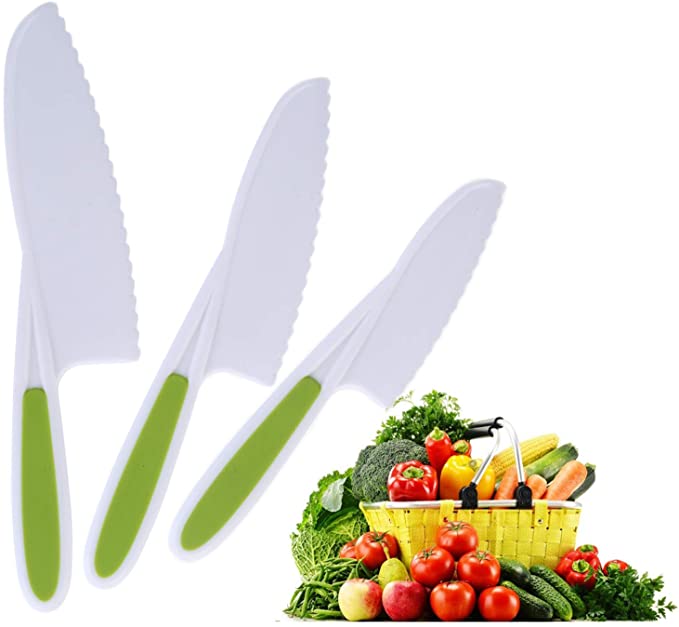 3-Piece Plastic Kids Knife Set - Salad Lettuce Knife for Children - Kid Safe Kitchen Cooking Chef Nylon Knife - Perfect Cutting Knives for Fruit, Vegetables, Cake, Bread, Green
