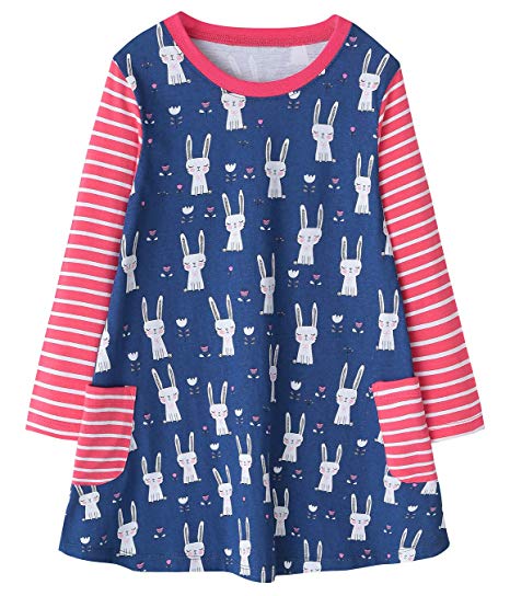 Fiream Girls Cotton Casual Longsleeve Cartoon Stripe Dresses