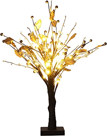 Lighted Tree Dotted with Golden Fruitfor, 24 Warm White LED Lights 1.8 Feet High Tree with Lights for Home Wedding Party Decoration Easter Day Decor (Black)