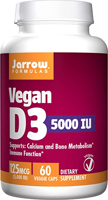 Jarrow Formulas Vegan Vitamin D3 Calcium and Bone Metabolism, 125 mcg (5000 IU) Veggie Caps, 60 Count