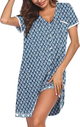 Ekouaer Nightgowns for Women Button Down Pajamas Tops Short Sleeve Sleepwear V-Neck Sleepwear S-3XL