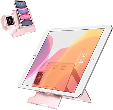 BENTOBEN iPad Stand, Samsung Tablet Stand, Drawing Tablet Stand, Adjustable Charging Stand for iPad Android Tablets, Portable Dock Station for Apple Watch Series 5/4/3/2/1 iPhone Smartphone, Rose Gold