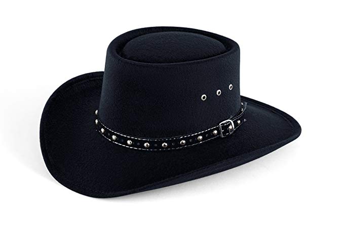 Western Faux Felt Gambler Cowboy Hat -Black L/XL (Elastic Band)