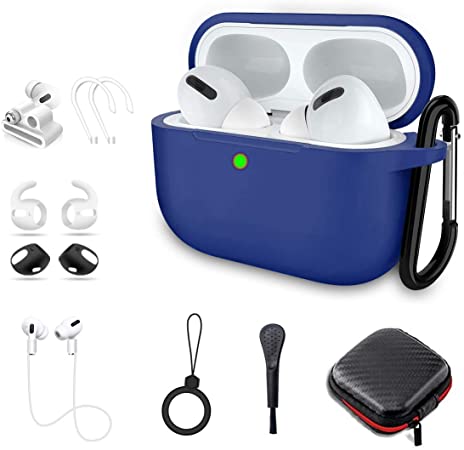 Airpods Pro Case, Alquar 10 in 1 Silicone Apple Airpod Pro Accessories Set , Airpods 3 Charging Case Protective Cover with Ear Hook/Strap/Clips/Watch Band Holder/Brush/Keychain (Blue)